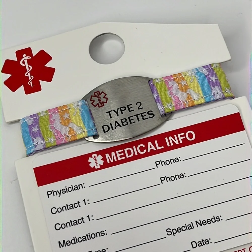 Medical ID Bracelet‎ Type 2 Diabetes Unicorn Multi Color Bracelet w/Medical Card